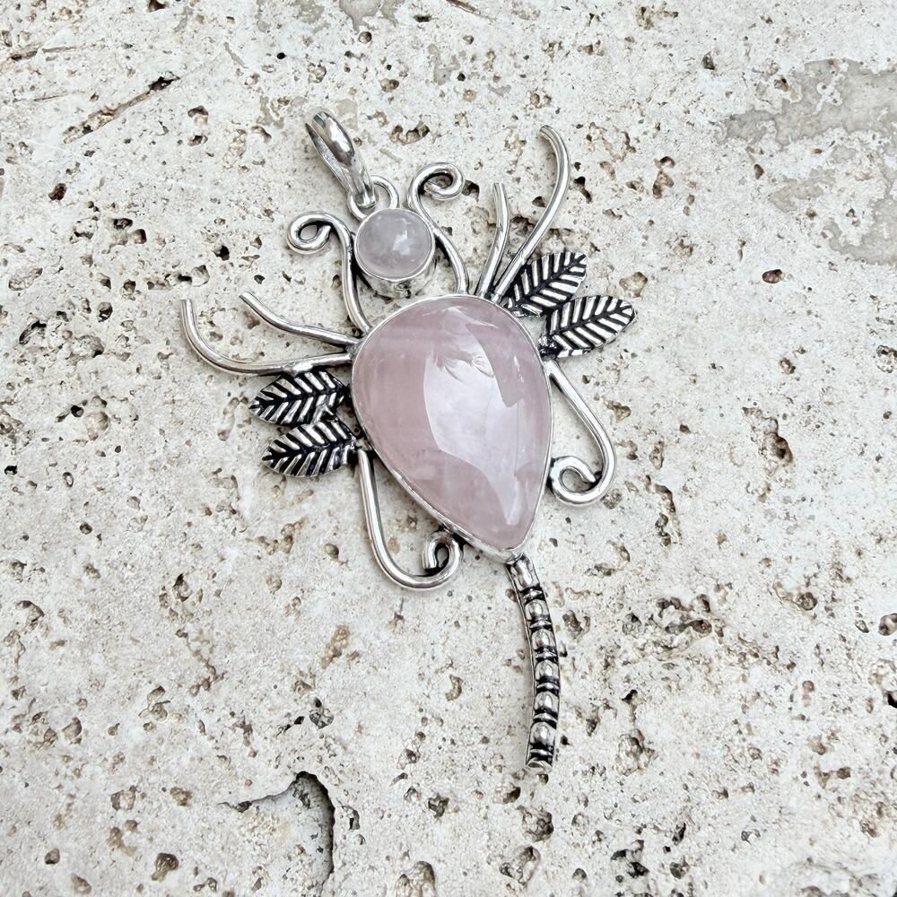 Rose Quartz Butterfly Pendant 925 Silver Overlay